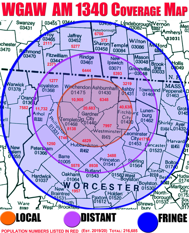 WGAW Coverage Map with Local, Distant, and Fringe areas, zip codes, and population of city or town